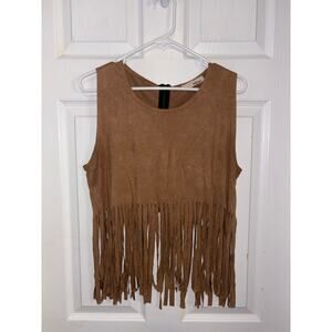 Sans Souci boho festival brown faux suede fringe edge sleeveless top size s
